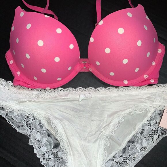 Gilly Hicks 32C BRA SET Victoria's Secret XS panty HOT PINK white lace Polka dot - Picture 3 of 6